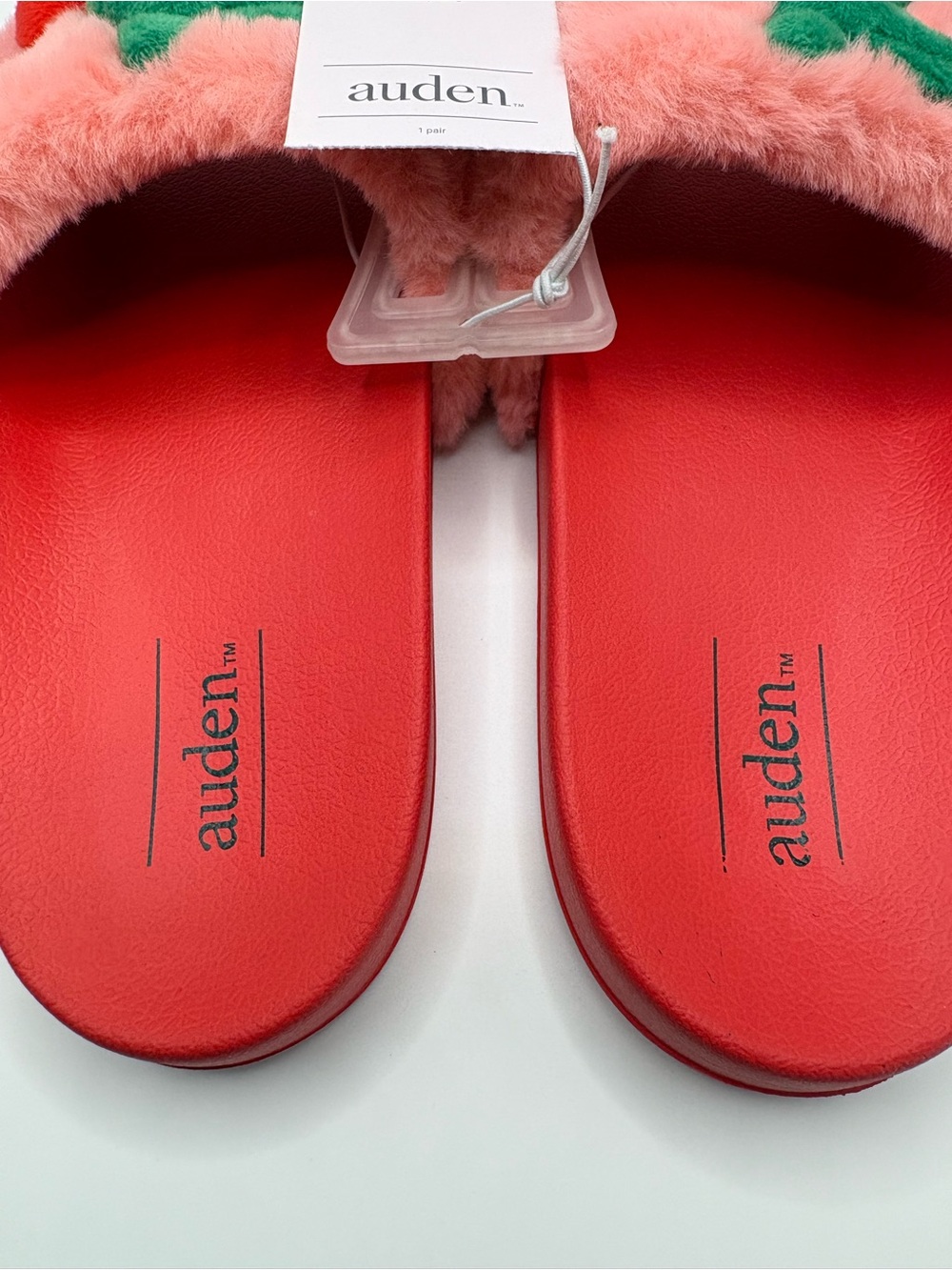 Auden Pink Red Cherry Fuzzy Slides Sandals Slippers NWT Large 9/10 - Picture 5 of 6